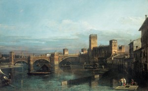 “La Veduta di Verona con Castelvecchio e il ponte Scaligero da monte dell’Adige” a Bologna